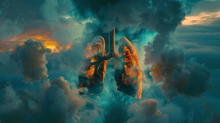 Bad Human lungs in blue and orange smoke on orange background for lung disease, 3d illustration