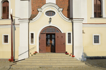 Church, former benedictine abbey in the village Mogilno, Poland. - obrazy, fototapety, plakaty