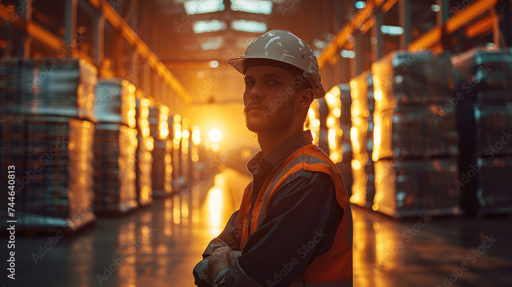 Poster worker in a warehouse in golden hour. generative ai.