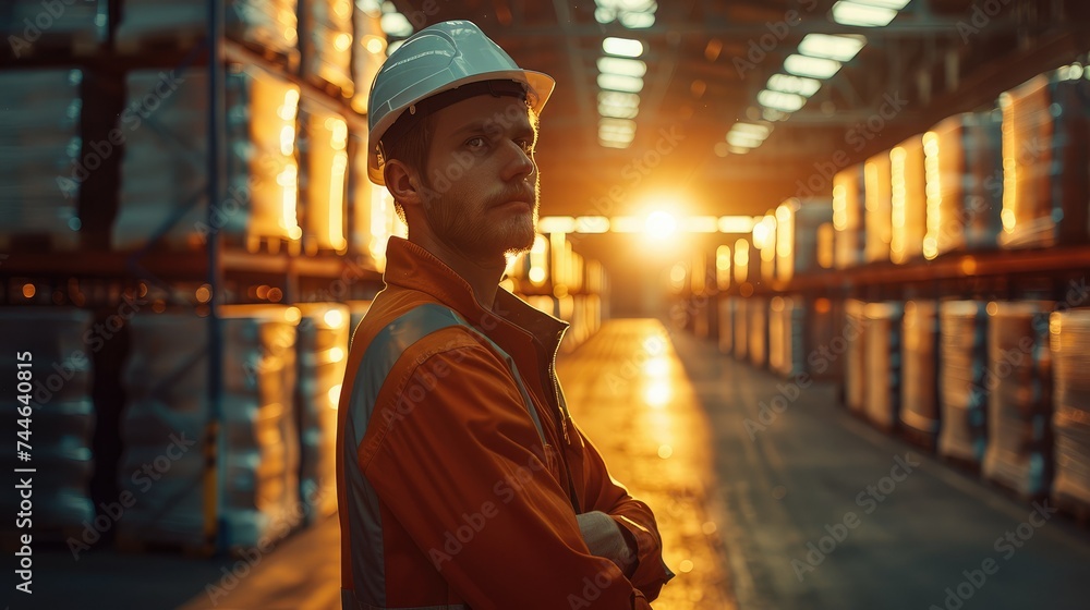 Poster worker in a warehouse in golden hour. generative ai.