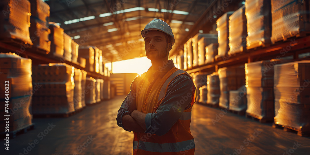 Poster worker in a warehouse in golden hour. generative ai.