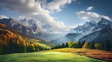 Panoramic view of autumn alpine meadow. Dolomites, Italy