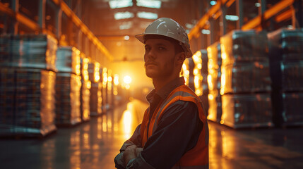 Worker in a warehouse in golden hour. Generative AI.