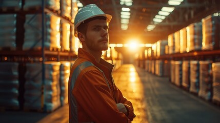 Worker in a warehouse in golden hour. Generative AI.