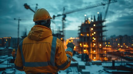 Foreman and electrician on large Construction site, blue hour. Generative AI.