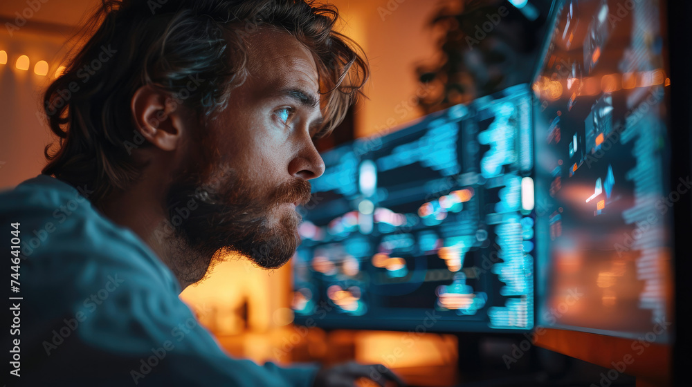 Aufkleber A man is testing an idea on a computer. Generative AI.