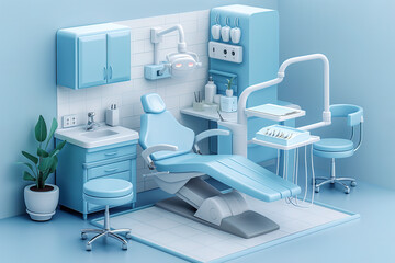 A modern dentist cabinet clinic, 3d cartoon illustration, stomatology