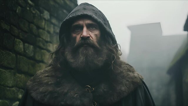 Beggar man. Fantasy medieval background. The concept of medieval history, life and culture. Ai-generated.