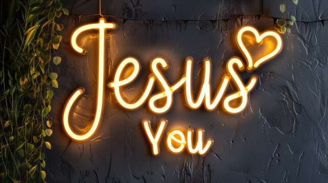 Illuminated Yellow Neon Sign as Wall Fixture Declaring Jesus Loves You, with Heart Shape Symbol / Icon and Dark Grey Background and Dim Lighting