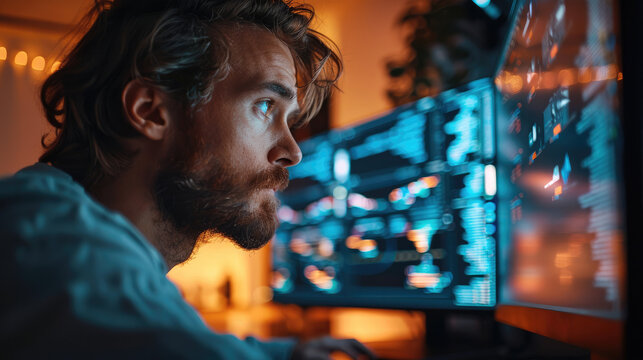 A man is testing an idea on a computer. Generative AI.