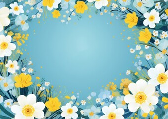 Naklejka na ściany i meble hello spring text on a blue background with yellow flowers or daisies. spring greeting card