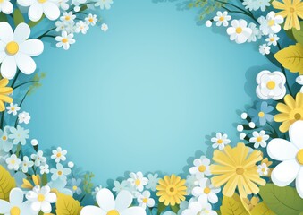 hello spring text on a blue background with yellow flowers or daisies. spring greeting card