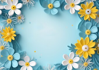 Naklejka na ściany i meble hello spring text on a blue background with yellow flowers or daisies. spring greeting card