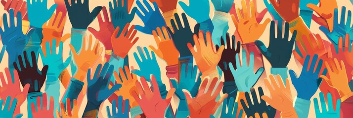 Colorful raised hands pattern representing diversity, community support, or volunteering concept. - obrazy, fototapety, plakaty