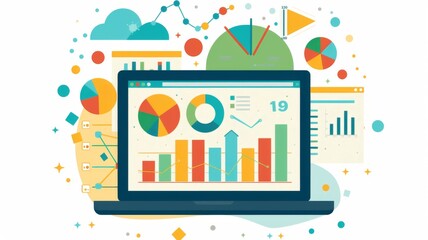 Colorful flat design vector illustration of a laptop with various charts and graphs for business analytics and data management.