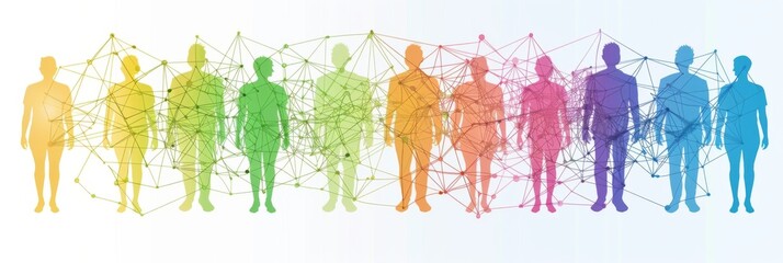 Colorful silhouettes of diverse people connected by lines, symbolizing social network and teamwork on a white background.