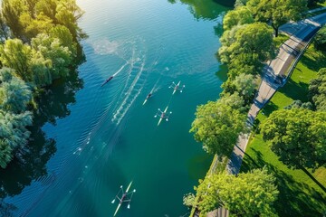 Aerial view of rowers on a tranquil lake by a lush park, showcasing teamwork and nature's beauty. - obrazy, fototapety, plakaty