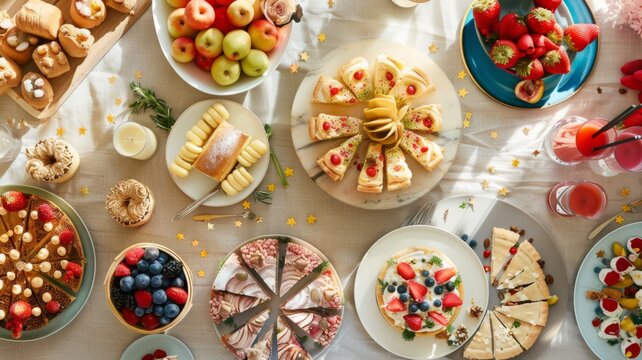 Assorted fresh fruits and pastries on a festive table, ideal for a brunch or party setting.