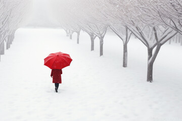 snowy landscape, a pop of color with their vibrant red umbrella
