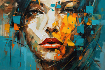 Vibrant abstract portrait painting with bold strokes and striking colors