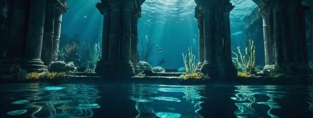 Underwater ruins with bioluminescent plants, ancient pillars, and the play of light through the water. Mystical underwater cityscape.