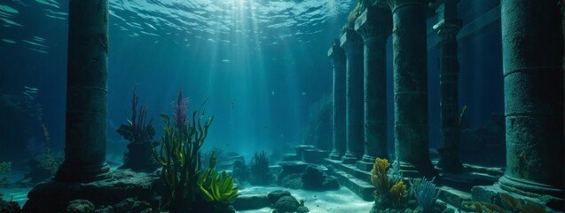 Underwater ruins with bioluminescent plants, ancient pillars, and the play of light through the water. Mystical underwater cityscape. 
