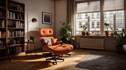 Panorama of modern living room with orange armchair and bookshelf