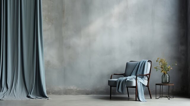 A chic minimalist home interior with gray concrete wall, blue velvet curtains, retro armchair, throw blanket, vase, flowers, black side table. Stylish and inviting modern space.