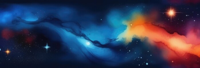 Banner. Space background. A colorful cosmos with stardust and the Milky Way. A magical colored galaxy. Watercolor illustration. - obrazy, fototapety, plakaty