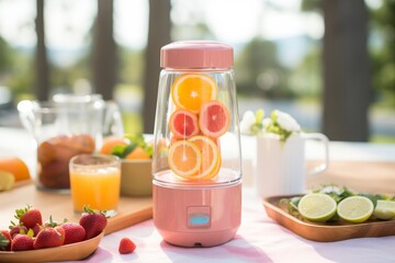 Fototapeta premium Citrus Juicer Squeezer for Fresh Orange Juice, Pink Lemonade, High-Quality Manual Hand Press Extractor with Non-Slip Handle and Stainless Steel Strainer, Ideal for Home Kitchen or Bar