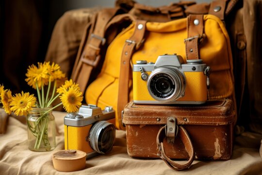 Vintage Yellow Cameras and Leather Bag with Yellow Flowers, Retro Photography Equipment and Daisy Still Life Composition, Ideal for Vintage Photography Enthusiasts and Retro Design Lovers.