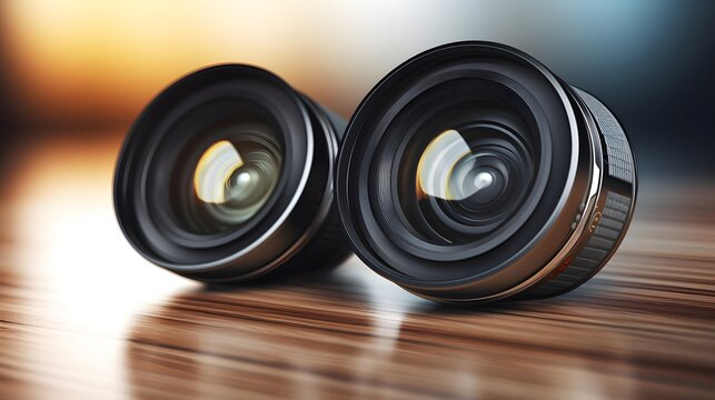 Camera lenses on wooden table, close-up. 3d illustration
