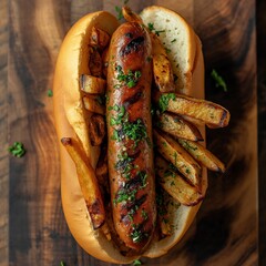 grilled sausage hotdog  with fries topping served on a wooden cutting board. generative ai - obrazy, fototapety, plakaty