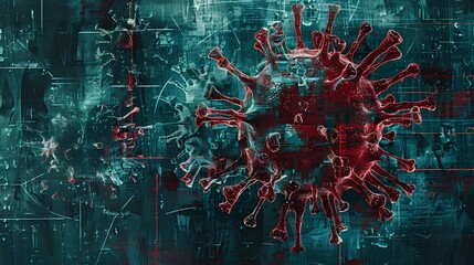 Digital image of monitor screen show virus against black background against blue background with vignette, Coronavirus outbreak and pandemic concept - obrazy, fototapety, plakaty