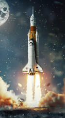 Space shuttle launch against the backdrop of the moon for space exploration and technology. Suitable for educational content, science fiction themes, and space travel websites