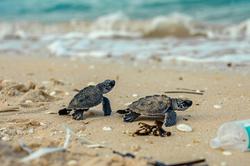 new born turtle on the beach, garbage, plastic, bottle, environment