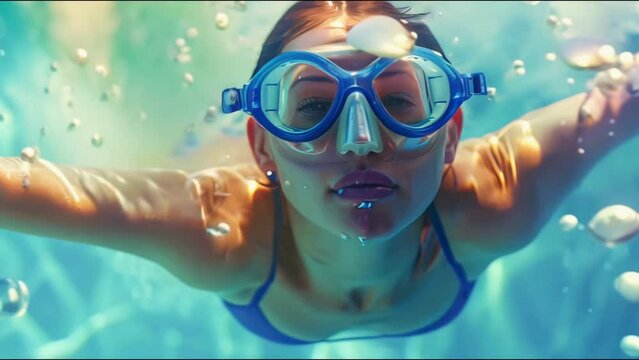 Woman dives deep under water with blue mask, looks at underwater world. Beautiful young adult girl diver swim at pool. Extreme sport activity concept. Sea depth snorkeling. Fun adventure outdoor.