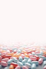 Background with many pills on the table. Copy space.