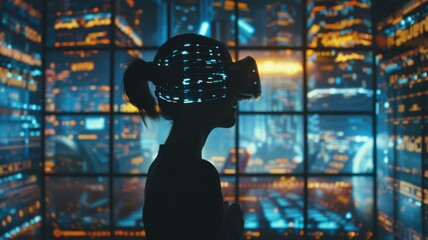 Silhouette of a person using virtual reality headset with futuristic digital screens in the background.