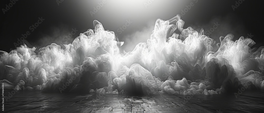 Poster a panoramic view of the abstract fog. white cloudiness, mist or smog moves against a black backgroun