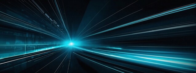 Vector Abstract, science, futuristic, energy technology concept. Digital image of light rays, stripes lines with cyan light, speed and motion blur over dark cyan background.  - obrazy, fototapety, plakaty