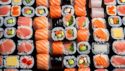view from above of a lot of sushi pieces background