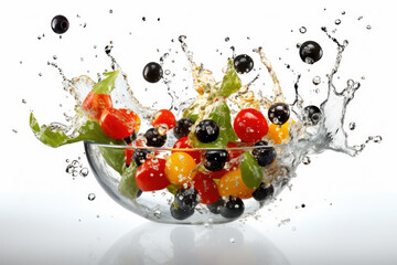 dynamic splash among vibrant tomatoes, olives, and basil.