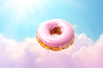 sweet fantasy of this pink-glazed donut floating dreamily - obrazy, fototapety, plakaty