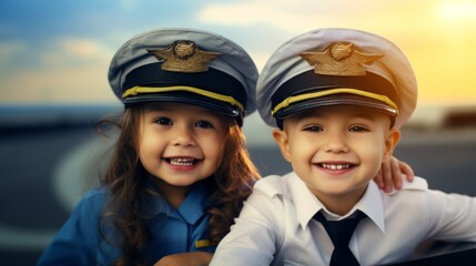 Boys and girls smile, are happy and dream of becoming captains and pilots. They wear hats and clothing like commercial pilots. There's a plane parked behind it. Child Airplane Pilot Concept.