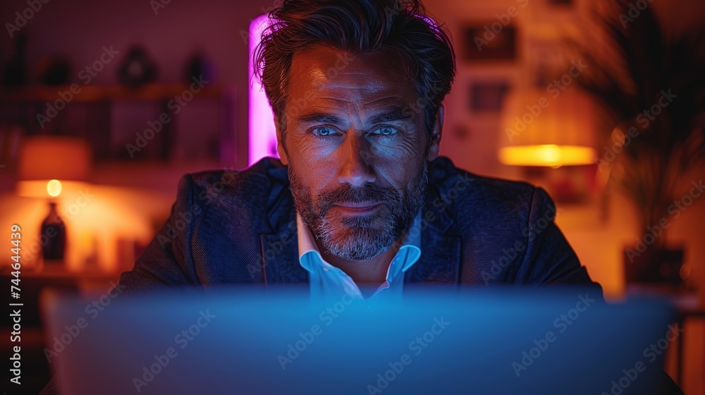 Poster a male businessman works late at night on a laptop computer while looking at the camera. he smiles a