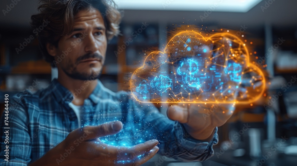 Poster An individual touching and interacting with the Cloud Computing Technology Concept of Internet Storage Network And a large database of big data utilizing internet technology, Cloud sharing, download