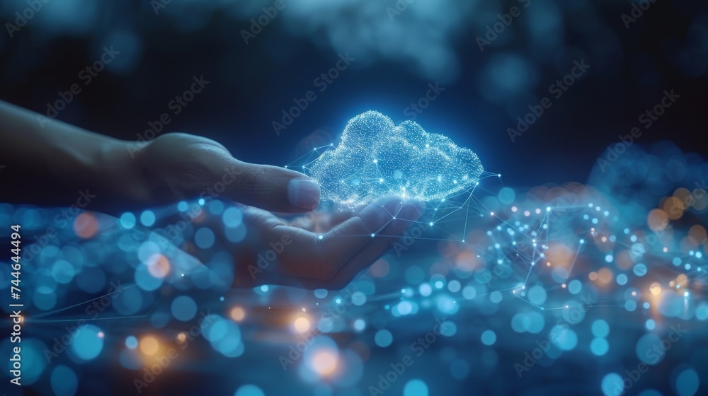 Poster Touching a cloud computer connection to a large database big data via the internet, and sharing, downloading, and uploading big data through cloud computing technology