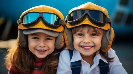 Boys and girls smile, are happy and dream of becoming captains and pilots. They wear hats and clothing like commercial pilots. There's a plane parked behind it. Child Airplane Pilot Concept.