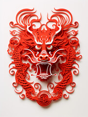 Close up of red paper cut art of Chinese dragon isolated on one side of white background with copy space, 3d paper cutting Chinese new year celebration background with space for text, greeting cards 